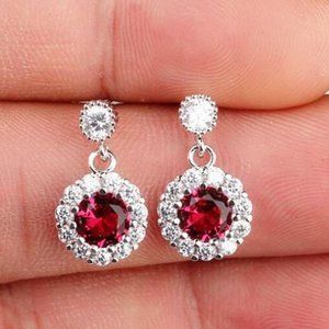 Silver Rose Red Gemstone Earrings (E01)